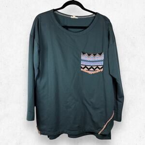 Oddi Women's L Long Sleeve Aztec Pocket Dark Green Oversized Crew Neck